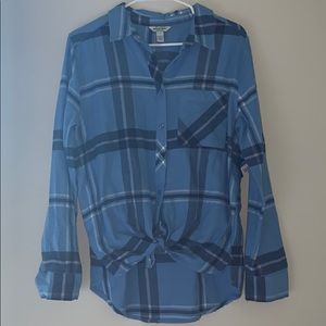 blue plaid long sleeve button up